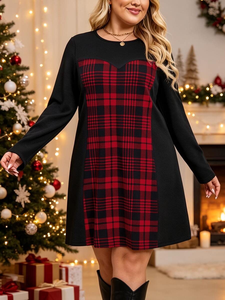 EMERY ROSE Plus Size Women Minimalist Retro Commute Style Textured Patchwork Ant Fabric Dress, Suitable For Christmas Outfit, Daily Commute, Casual Shopping, Light Party Wear - Black - View 1