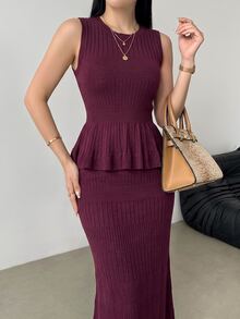 Modelyn Setelan Dua Potong Wanita Musim Gugur/Dingin Elegan, Atasan Tanpa Lengan dengan Hiasan Rumbai di Bagian Bawah dan Rok Model Duyung - Berwarna merah muda - View 5
