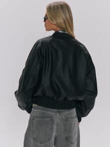 MUSERA Ribbed Crewneck Collar Faux Leather Hidden Zip Front Oversized Bomber Style Jacket Fall Autumn Winter Daily Everyday Outerwear - Black - View 4