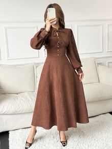 Feyla Women's Solid Color Collar Button Design Long Sleeve Elegant Midi Dress - Brown - View 4