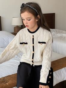 DAZY Tween Girl Round Neck Colorblock Long Sleeve Autumn/Winter Fashion Knit Cardigan - Apricot - View 4