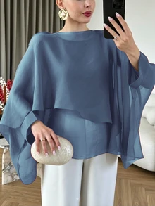 Modelyn 大尺碼女款不對稱下擺雪紡飄逸上衣，可單穿或疊穿，優雅蝙蝠袖寬鬆襯衫 - 霧霾藍 - 查看 1