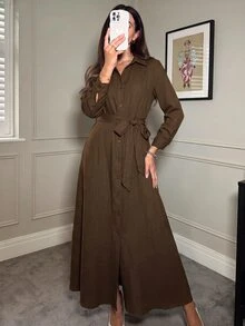 SHEIN Clasi 女款優雅襯衫領繫帶洋裝 辦公室咖啡棕色 秋季 - 棕色 - 查看 5