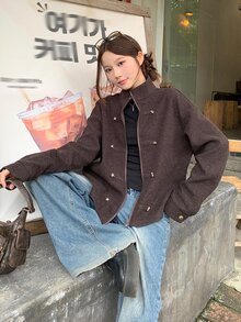 DAZY Women's Vintage Stand Collar Utility Jacket Short Star Decor - Brown - View 3