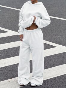 Muchica 休閒極簡風女款兩件套，秋冬女款帽 T 與運動長褲套裝，適合秋冬，百搭日常穿著 - 白色 - 查看 5