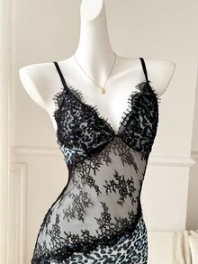 Moireta 成熟老錢風蕾絲拼接豹紋性感長款女式睡袍 - 水鴨藍 - 查看 5