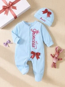 SHEIN 2件組新生女嬰連身衣帽子套裝 可愛公主風 淺藍色字母印花 蝴蝶結連腳長袖圓領 加厚款 派對家庭秋季穿著 - 淺藍色 - 查看 2