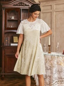 Côtesoire Váy ngủ ngắn tay nữ phối ren phong cách thường ngày mặc ở nhà - Màu be - Xem 3