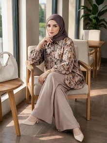 SHEIN Lady CURVE Plus Size Women's Botanical Print Long Sleeve Shirt And Pants Casual 2 Pieces Set - Beige - View 6