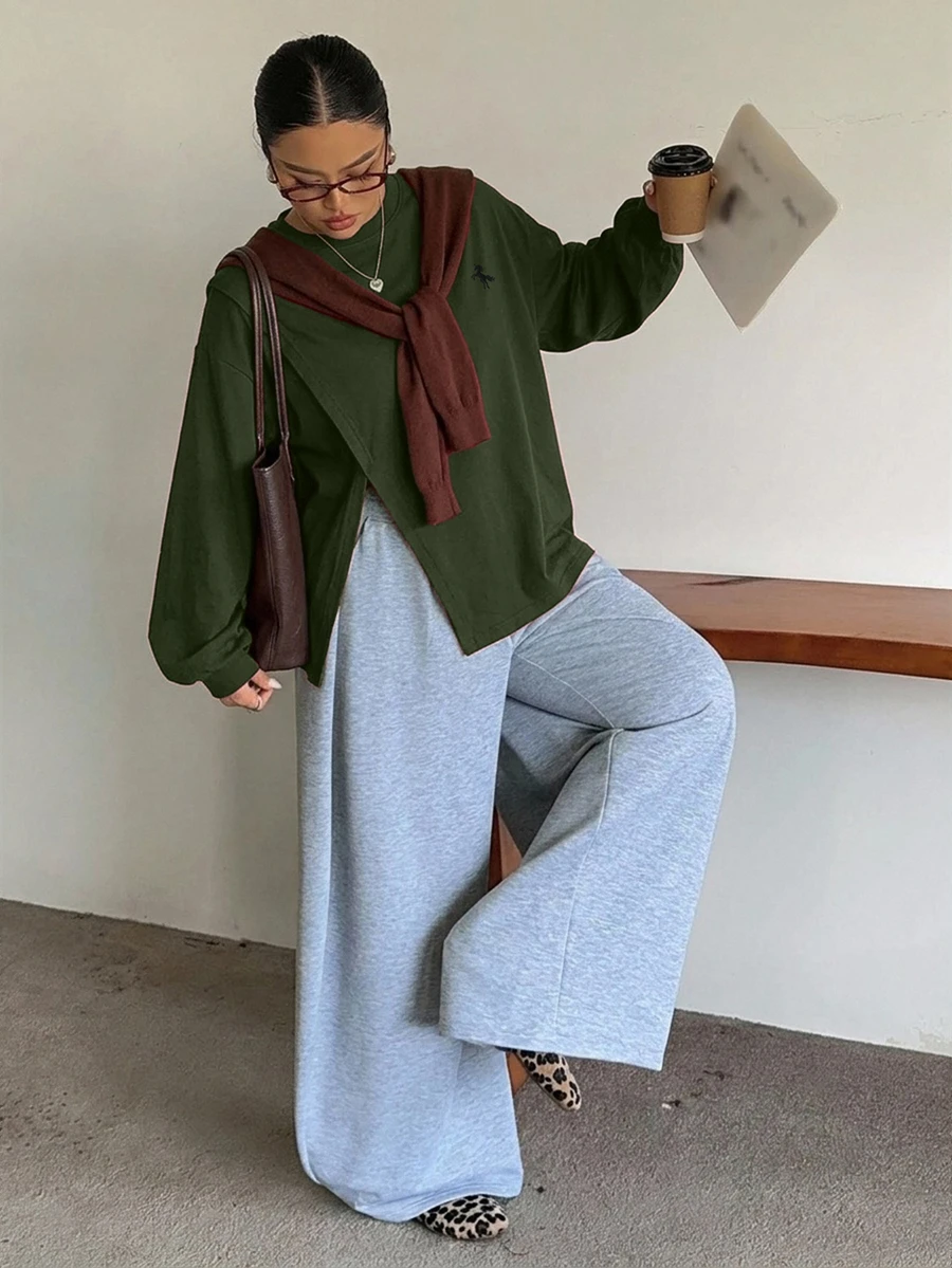 Dazy Plus White Crew Neck Solid Color Casual Versatile Side Slit Design Long Sleeve T-Shirt For Spring Summer Autumn - Army Green - View 1