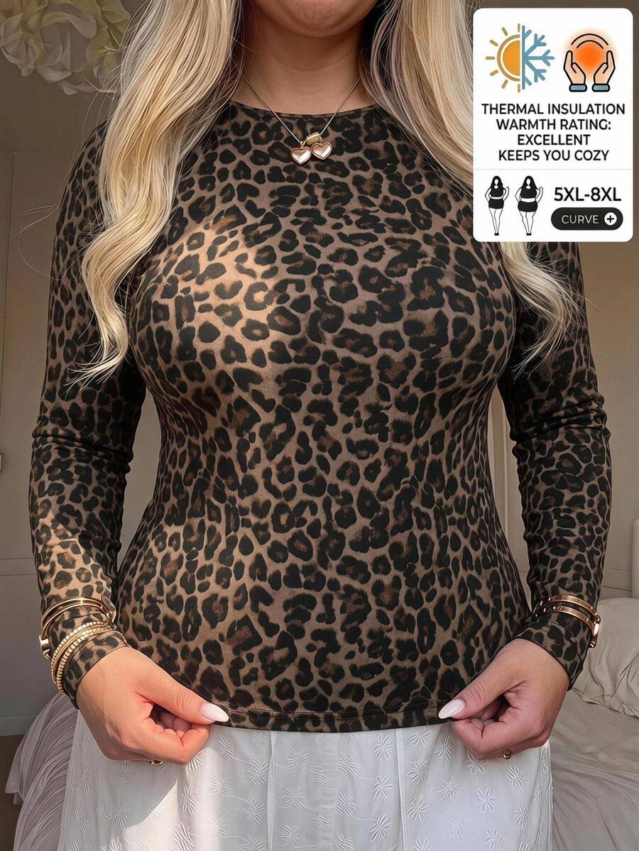 SHEIN CURVE+ Plus Size Winter Clothes Thickened Round Neck Fitted Long Sleeve - Multicolor - View 1