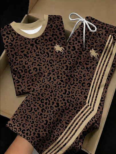 SHEIN EZwear 2pcs/Set Embroidered Round Neck Short Sleeve Top And Striped Print Pants, Casual