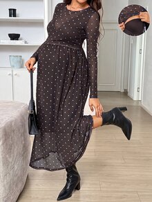 SHEIN 波點印花長袖圓領高腰休閒孕婦洋裝 秋季 - 咖啡棕 - 查看 3