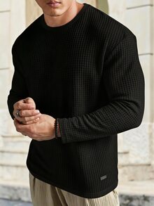 EASEVO 男士大尺碼寬鬆針織麥穗菱格紋長袖圓領T恤 - 黑色 - 查看 1