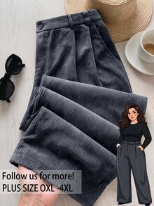 Rusticease Plus Size Women Button Pleated Design Pocket Loose Long Pants Winter - Grey - View 1