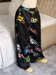 StreetHx Printed Street Style Straight Leg Loose Fit Long Pants - Black - View 5
