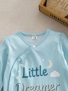 SHEIN Vintaside Kids 新生兒嬰兒連身衣，長袖連身褲，側開斜領，包腳睡衣，居家穿著，秋冬款，中性 - 彩色 - 查看 5