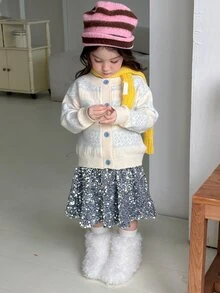 DAZY Infant/Toddler (Girl) Round Neck Colorblock Long Sleeve Autumn/Winter Korean Style Cardigan - Apricot - View 9