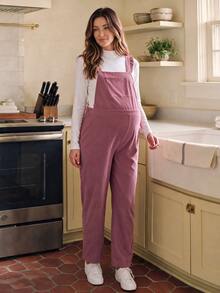 SHEIN Maternity Corduroy Pink Straight Leg Overalls With Wide Strap Frill Trim Front Pockets Adjustable Back Buckles Cute Loose Fit Casual Fall - Pink - View 5
