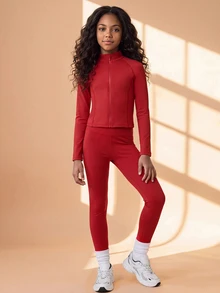 SHEIN 女童深紅色外套與長褲套裝，柔軟彈性面料，適合戶外活動、日常休閒、保守寬鬆風格、健身運動，秋季穿著 - 紅色 - 查看 2