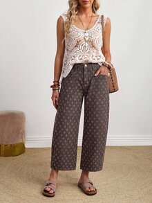 SHEIN PETITE 女款時尚提花鈕扣口袋牛仔短褲 - 咖啡棕 - 查看 7