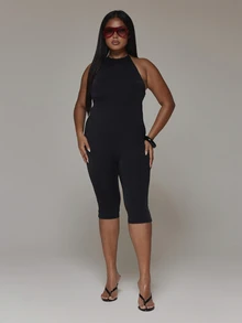 MUSERA Plus Size Black Highneck Bodycon Capri Unitard Jumpsuit Spring Summer Casual Everyday Day Outfit Going Out - Black - View 3
