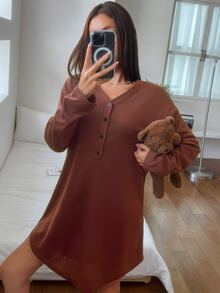 DAZY Women's Solid Color Button Half-Placket Long Sleeve Loungewear Dress - Coffee Brown - View 5