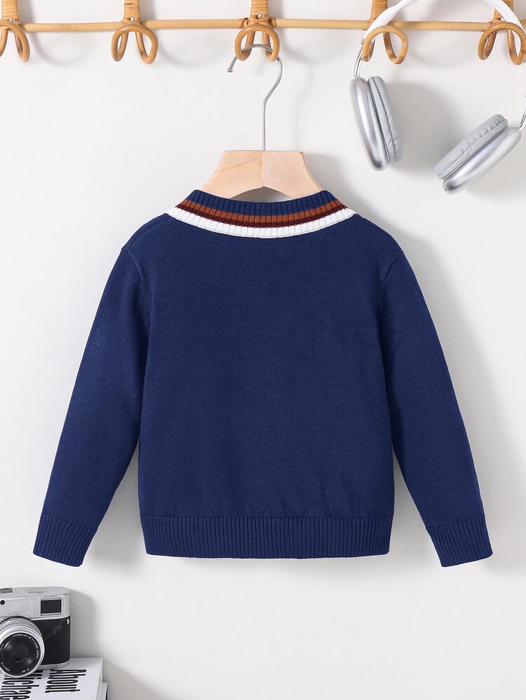 SHEIN Little Byeori Kids Young Boy Winter V-Neck Striped Knitted Autumn Sweater,Preppy Back-To-School Casual Career Day Long-Sleeved Pullover For ,Birthday,Weddings,Party - Navy Blue - View 3