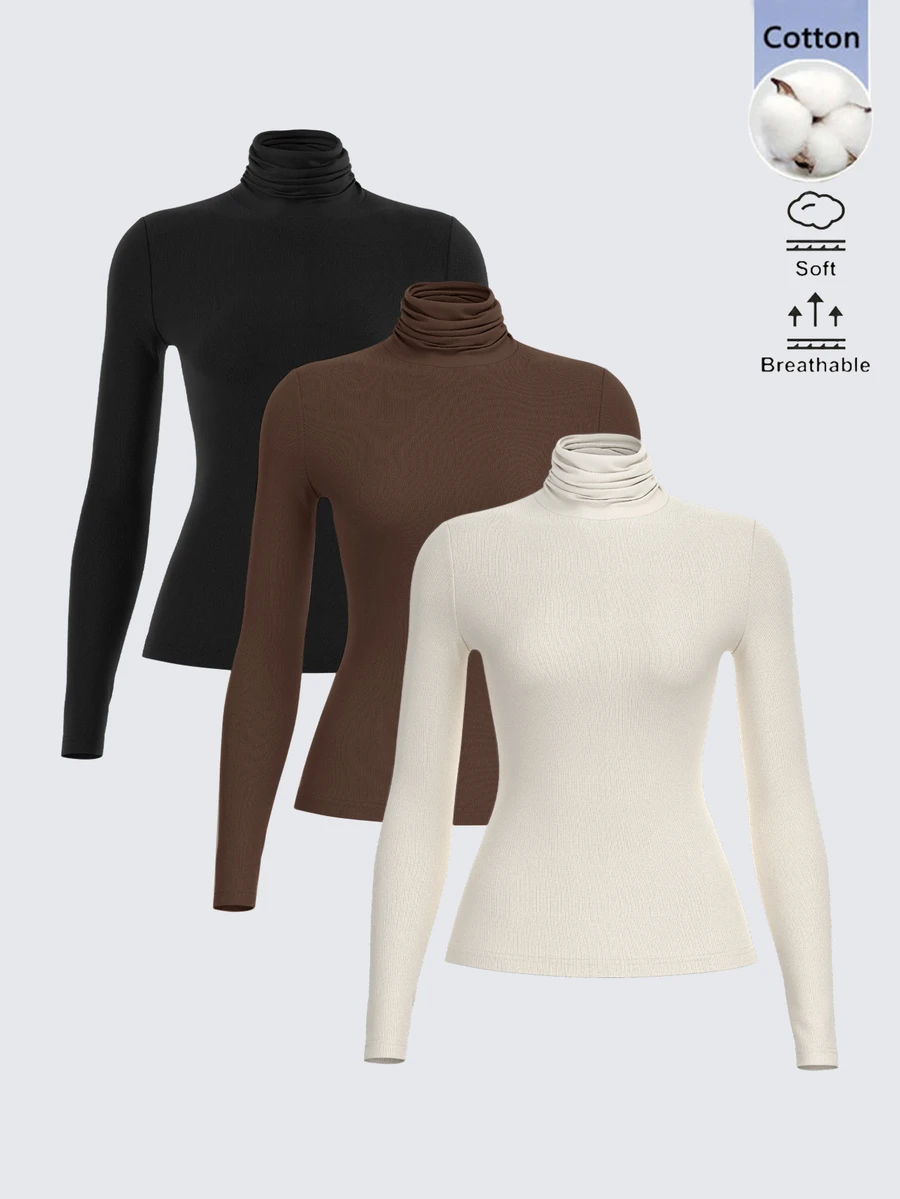 SHEIN BASICS 3件組女款素色高領長袖休閒T恤 - 彩色 - 查看 1
