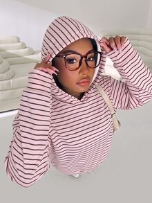 Solflare Plus Size Women's Striped Casual Daily Wear Hooded Sweatshirt - Multicolor - View 6