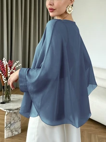 Modelyn 大尺碼女款不對稱下擺雪紡飄逸上衣，可單穿或疊穿，優雅蝙蝠袖寬鬆襯衫 - 霧霾藍 - 查看 2