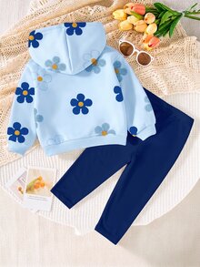 SHEIN Vintaside Kids 1套女嬰休閒可愛全花卉印花連帽衛衣與內搭褲套裝，2件套，適合秋冬，甜美女孩風 - 彩色 - 查看 2