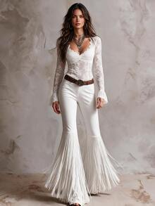 Solivie Women's Flare Leg Pants With Tassel Trim, Long Bell Bottom Trousers, Suitable For Daily Wear, Vintage Romantic Style - White - View 8