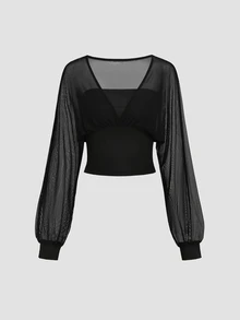 Sweetra Women's Long Sleeve Mesh Patchwork Knit Tube Top, 2 In 1, Versatile Wear, Sexy Casual - Black - View 1