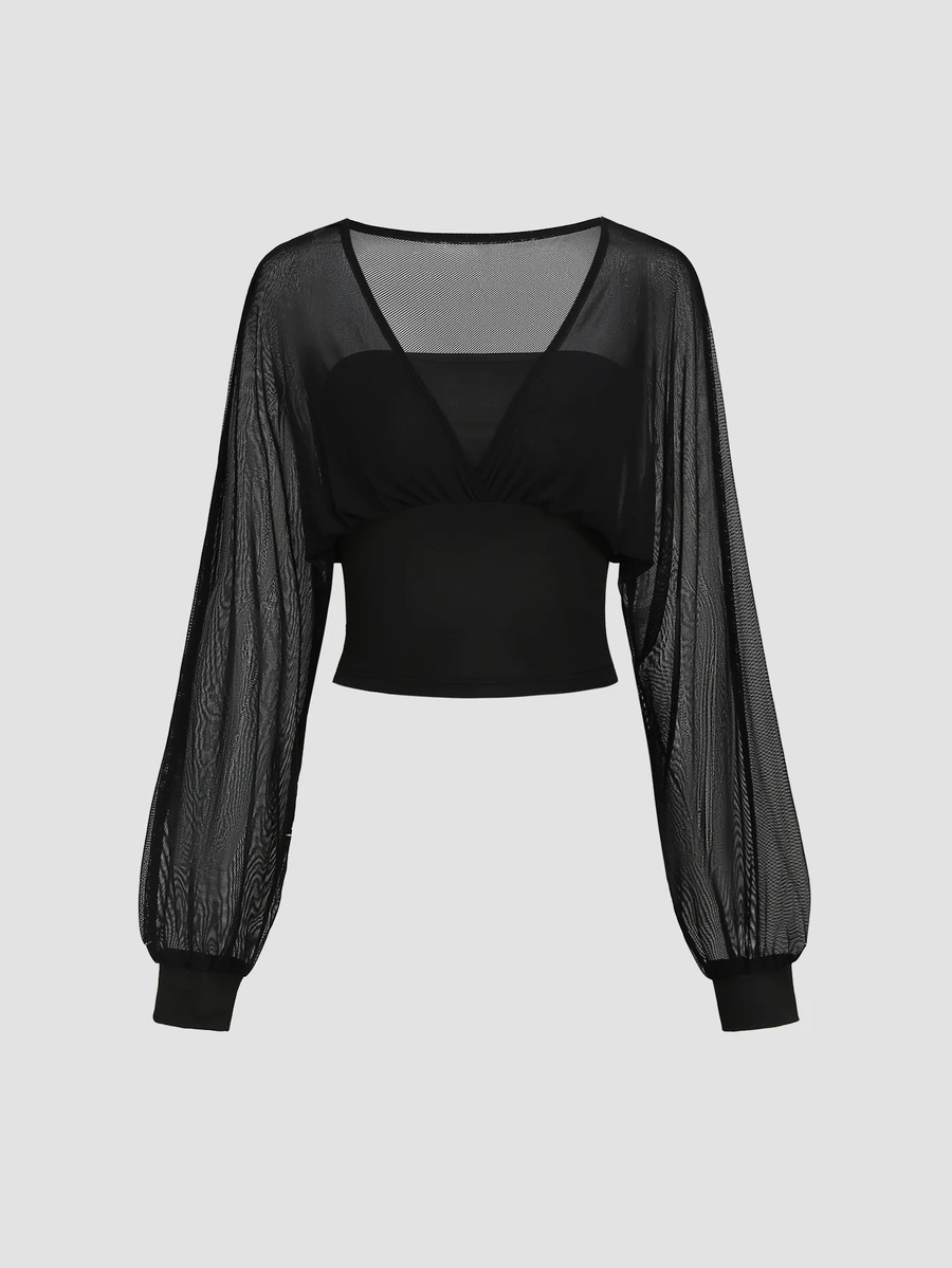 Sweetra Women's Long Sleeve Mesh Patchwork Knit Tube Top, 2 In 1, Versatile Wear, Sexy Casual - Black - View 1