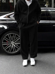 Teen Boy 2pcs Teen Boy Casual Sporty Basic Gray Hooded Zip-Up Autumn Sweatshirt And Sweatpants - Black - View 4