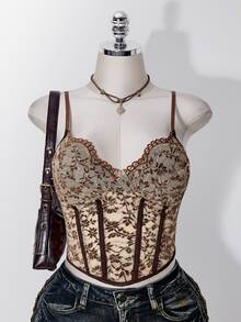 SHEIN ICON Women's Plus Size Lace Camisole Tank Top - Brown - View 4