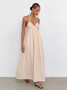 Maija Women's Halter Neck Striped Pattern High Waist Ruffle Hem Open Back Dress Beach Vacation Pink Stripe Summer Tropical Boho - Coffee Brown - View 1