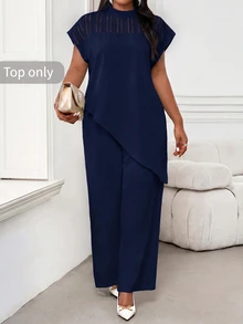 SHEIN Lady Plus Size Women High Neck Short Sleeve Top Office Semi Formal Party Semi Formal Navy Blue Spring Elegant - Navy Blue - View 1