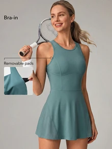 OutZeal Women Active Dress Gym Tennis Workout Mesh Panel Bra-In Removable Pads With Pocket Summer - Green - View 4