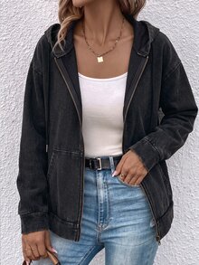 SHEIN LUNE Women's Hooded Zipper Pocket Denim Jacket - Dark Grey - View 3