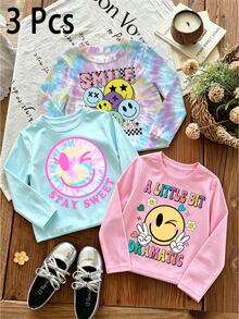 Young Girl Smile Graphic Letter Long Sleeve Tee & Pants Set, Blue Pink Colorful (3 Pcs) Fall Winter - Multicolor - View 1