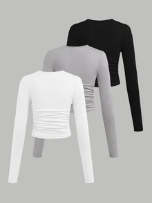 CovetEZ 3PCS Women Round Neck Long Sleeve T-Shirts - Multicolor - View 4