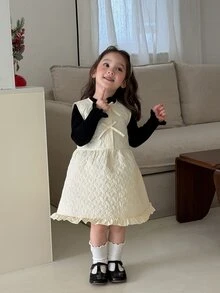 DAZY Infant (Girl) Round Neck Quilted Cotton Korean Style Solid Color Dress - Apricot - View 7