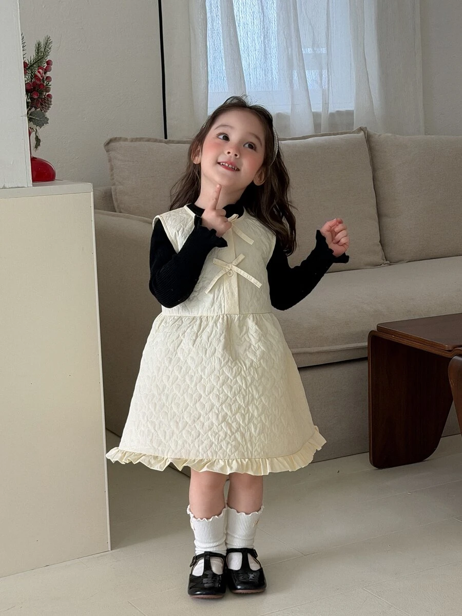 DAZY Infant (Girl) Round Neck Quilted Cotton Korean Style Solid Color Dress - Apricot - View 1
