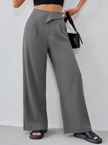 SHEIN PariChic Women's Casual Versatile Pleated Pocket Sports Long Pants - Grey - View 3