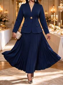 Fleurora Plus Size Women's Metal Single Button Jacket And Pleated Skirt Elegant Suit Set - Blue - View 5