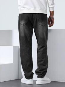 Manfinity Homme Men's Plus Size Vintage Washed Black & Grey Denim Jeans, Versatile Slim Straight Leg Long Pants - Grey - View 2