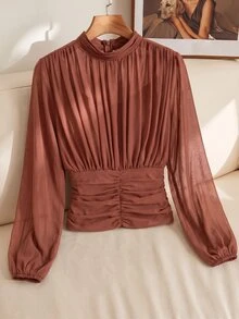SHEIN Clasi 女款素色立領百褶長袖優雅襯衫 - 鏽棕色 - 查看 5