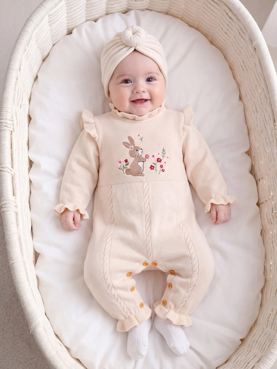SHEIN Baby Girls Newborn Knit Romper, One-Piece Jumpsuit, Rabbit Embroidery, Ruffle Trim, Suitable For Autumn/Winter, Soft - Apricot - View 1
